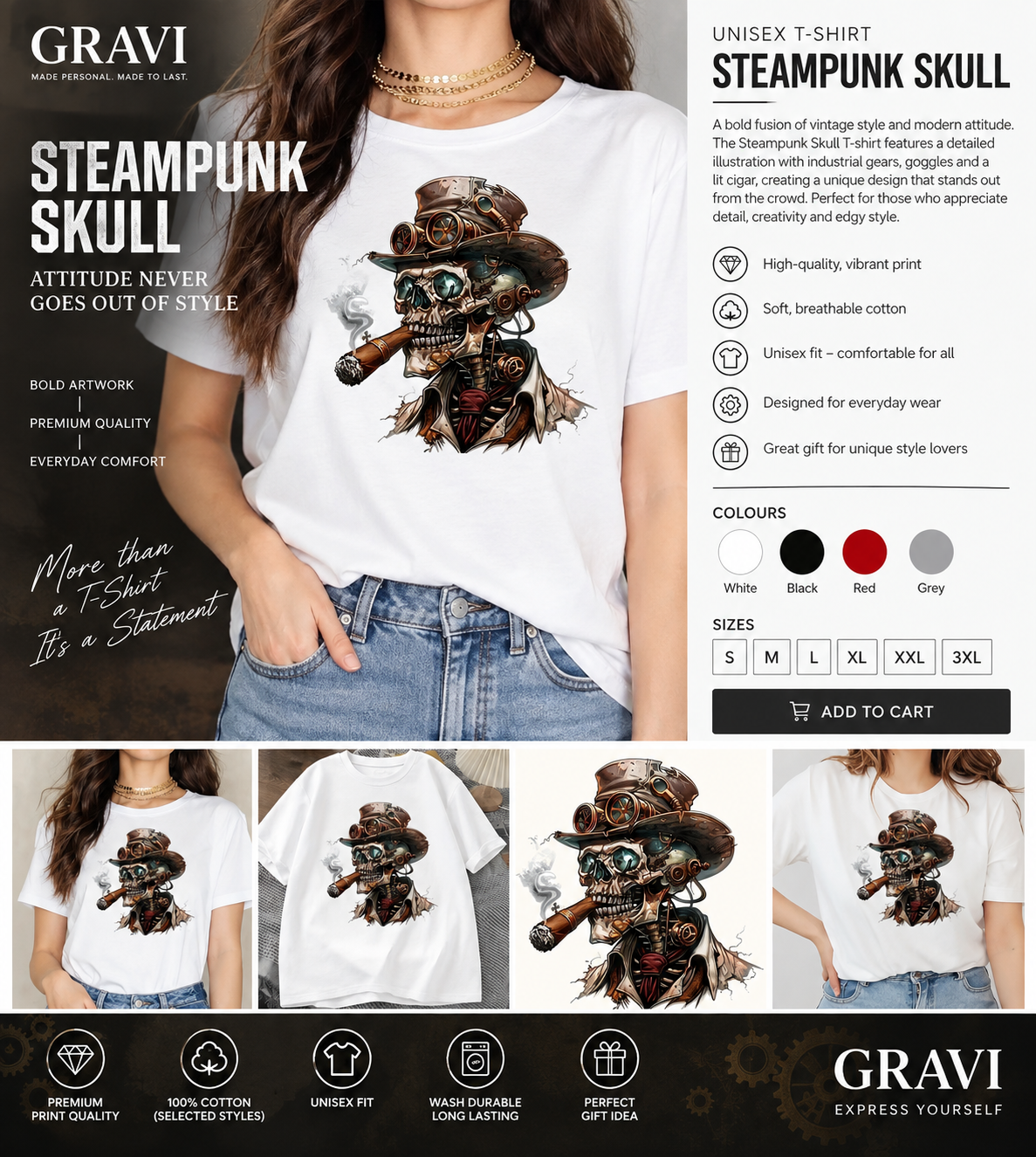 Steampunk Skull Graphic T-Shirt